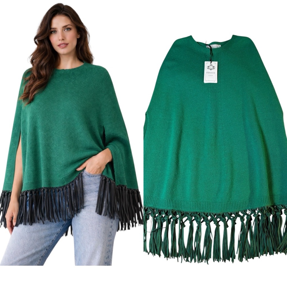 PINOTTI NWT  Green Cashmere Wool Blend Green Poncho/Cape with Leather Fringe